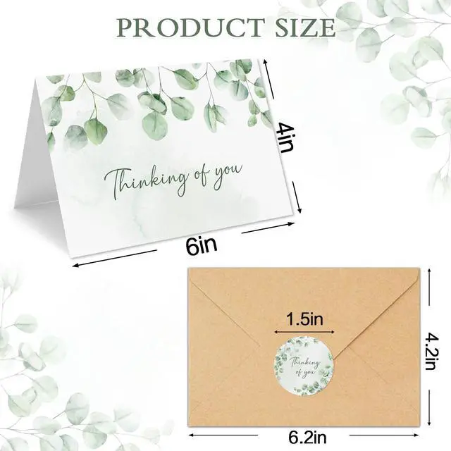 Alt view image 2 of 6 - 24 Thinking of You Cards with Envelopes, 4x6 Inch Watercolor Eucalyptus Leaves 4 Designs, Note Greeting Encouragement Sympathy Condolences Card for Family, Friends - Blank Inside