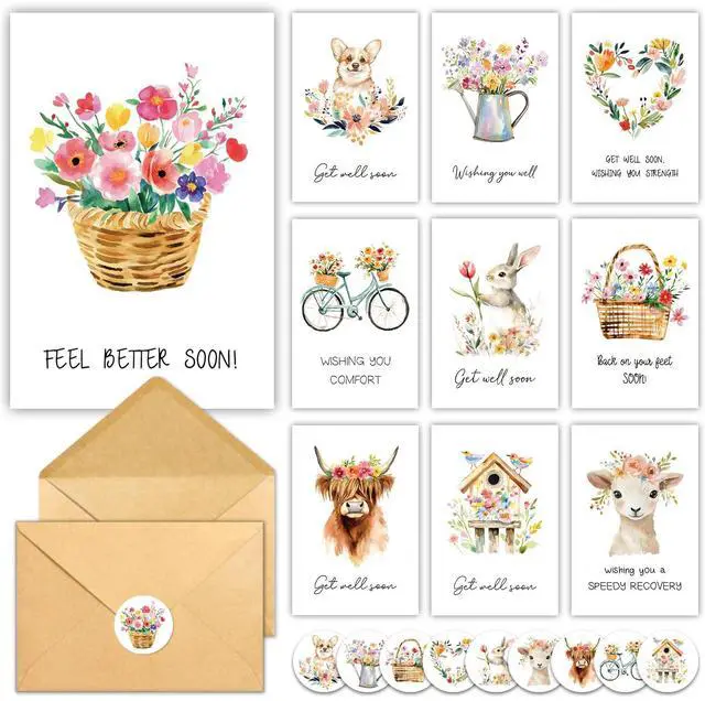 Main image of 30 Pack Get Well Soon Cards with Envelopes and Stickers, 10 Unique Designs Watercolor Floral Animal Get Well Cards, Printed Message Inside for Family Friends Coworkers