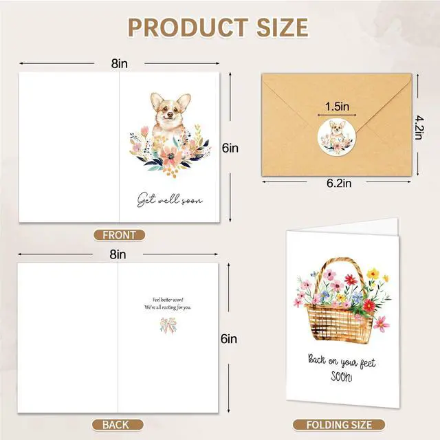 Alt view image 2 of 6 - 30 Pack Get Well Soon Cards with Envelopes and Stickers, 10 Unique Designs Watercolor Floral Animal Get Well Cards, Printed Message Inside for Family Friends Coworkers