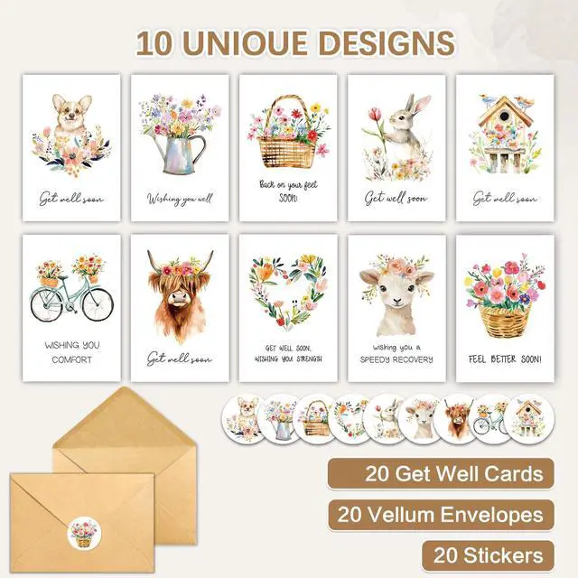 Alt view image 4 of 6 - 30 Pack Get Well Soon Cards with Envelopes and Stickers, 10 Unique Designs Watercolor Floral Animal Get Well Cards, Printed Message Inside for Family Friends Coworkers