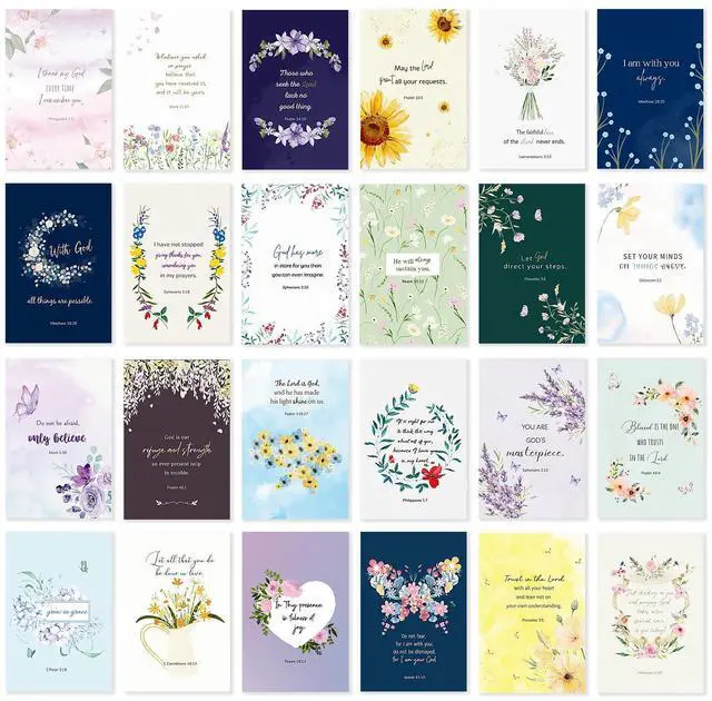 Main image of 24 Pack Floral Christian Thinking of You Cards with Self-adhesive Envelopes, 4"x6" Boxed Blessing Religious Note Cards with Sentiments Inside, 24 Bible Verses, 24 Designs
