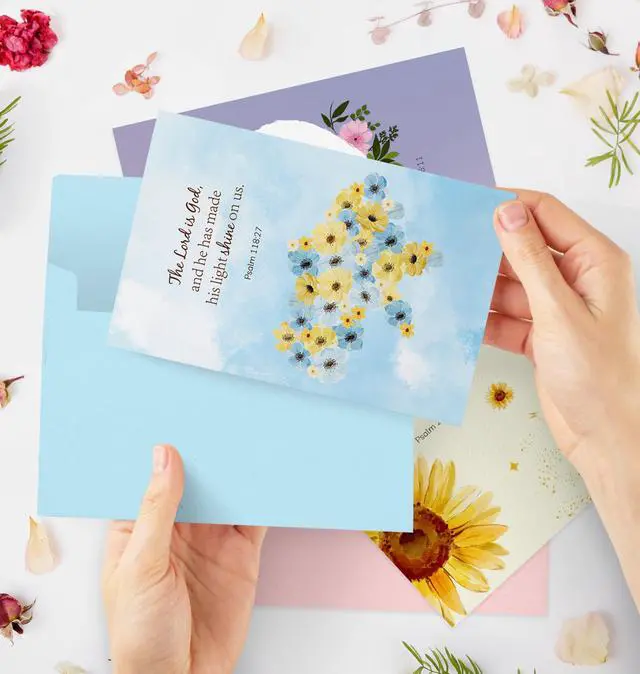 Alt view image 4 of 7 - 24 Pack Floral Christian Thinking of You Cards with Self-adhesive Envelopes, 4"x6" Boxed Blessing Religious Note Cards with Sentiments Inside, 24 Bible Verses, 24 Designs