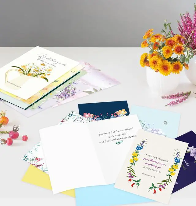 Alt view image 5 of 7 - 24 Pack Floral Christian Thinking of You Cards with Self-adhesive Envelopes, 4"x6" Boxed Blessing Religious Note Cards with Sentiments Inside, 24 Bible Verses, 24 Designs