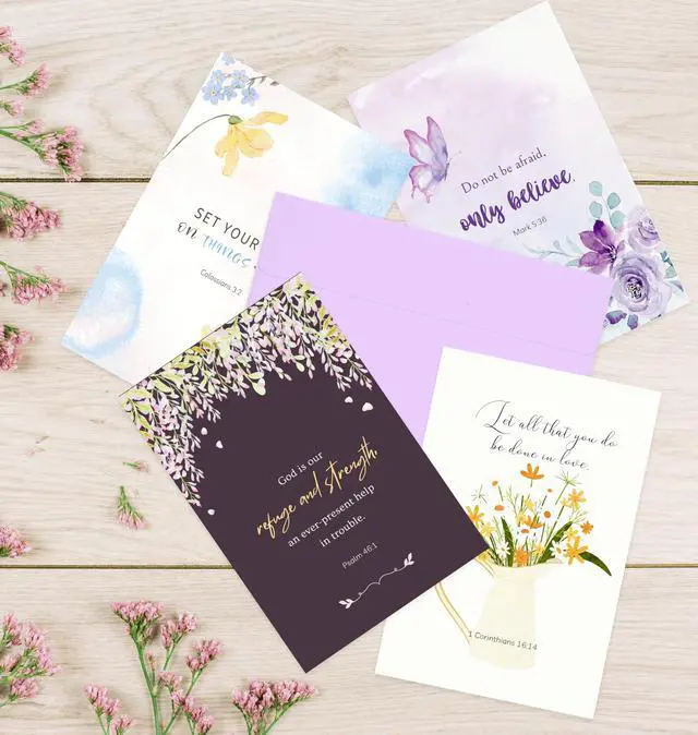 Alt view image 6 of 7 - 24 Pack Floral Christian Thinking of You Cards with Self-adhesive Envelopes, 4"x6" Boxed Blessing Religious Note Cards with Sentiments Inside, 24 Bible Verses, 24 Designs