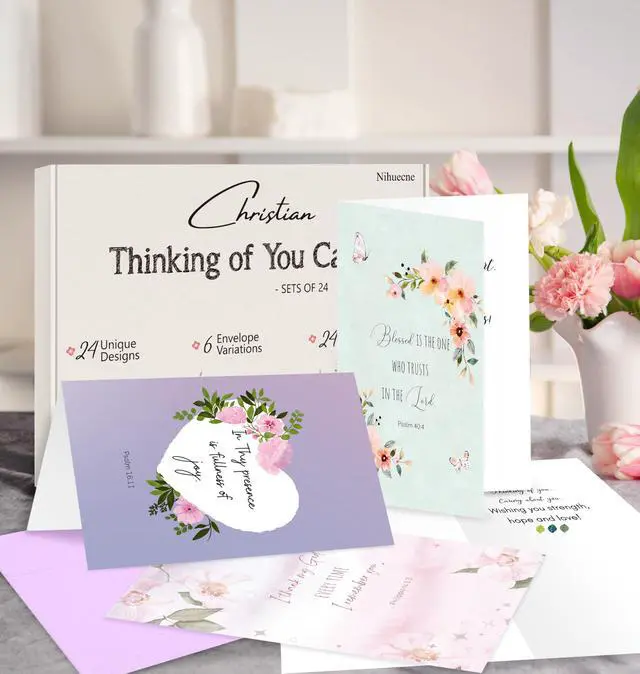 Alt view image 7 of 7 - 24 Pack Floral Christian Thinking of You Cards with Self-adhesive Envelopes, 4"x6" Boxed Blessing Religious Note Cards with Sentiments Inside, 24 Bible Verses, 24 Designs