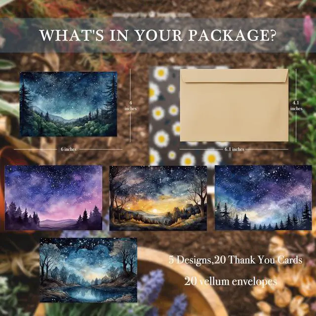 Alt view image 3 of 7 - Blank Cards with Envelopes All Occasion,Watercolor Starry Night Sky Design Blank Greeting Cards 4x6,20Pack -Blank Greeting Cards,Note Cards with Matching Peel-and-Seal Rustic Envelopes