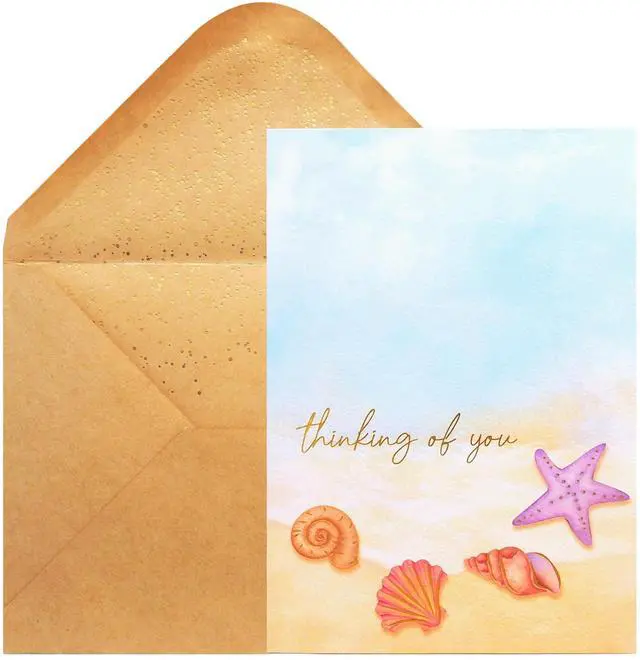 Main image of Thinking of You Card - Single Hello Greeting Card on Textured Paper with Kraft Envelope - 5" x 7" - Blank Inside With Rose Gold Foil Design & Rose Gold Confetti Envelope (Beach)
