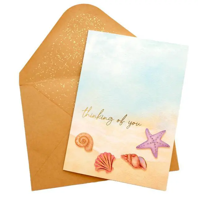 Alt view image 2 of 4 - Thinking of You Card - Single Hello Greeting Card on Textured Paper with Kraft Envelope - 5" x 7" - Blank Inside With Rose Gold Foil Design & Rose Gold Confetti Envelope (Beach)