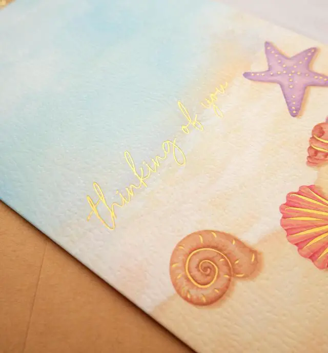 Alt view image 3 of 4 - Thinking of You Card - Single Hello Greeting Card on Textured Paper with Kraft Envelope - 5" x 7" - Blank Inside With Rose Gold Foil Design & Rose Gold Confetti Envelope (Beach)