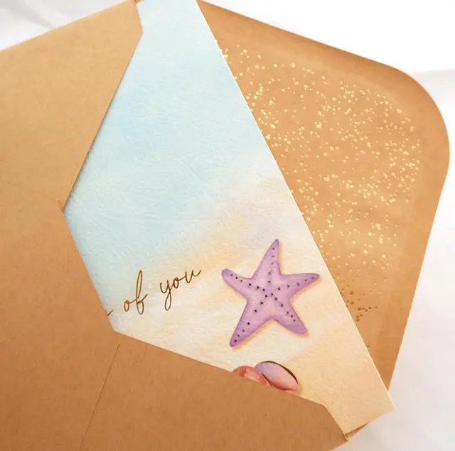 Alt view image 4 of 4 - Thinking of You Card - Single Hello Greeting Card on Textured Paper with Kraft Envelope - 5" x 7" - Blank Inside With Rose Gold Foil Design & Rose Gold Confetti Envelope (Beach)
