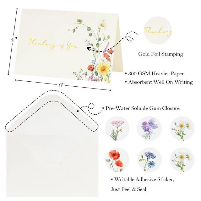 Alt view image 2 of 5 - 12 Pack Thinking of You Cards with Envelopes 4 Assorted, 4x6, Encouragement Cards, Wildflower Gold Foil Greeting cards, Blank Inside, Note Cards