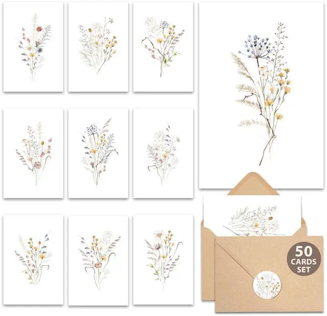 Main image of 50 Set Blank Cards and Envelopes 3.5x5 - Watercolor Wildflowers Blank Greeting Cards with Adhesive Envelopes and Matching Sticker - Blank Note Cards for All Occasions