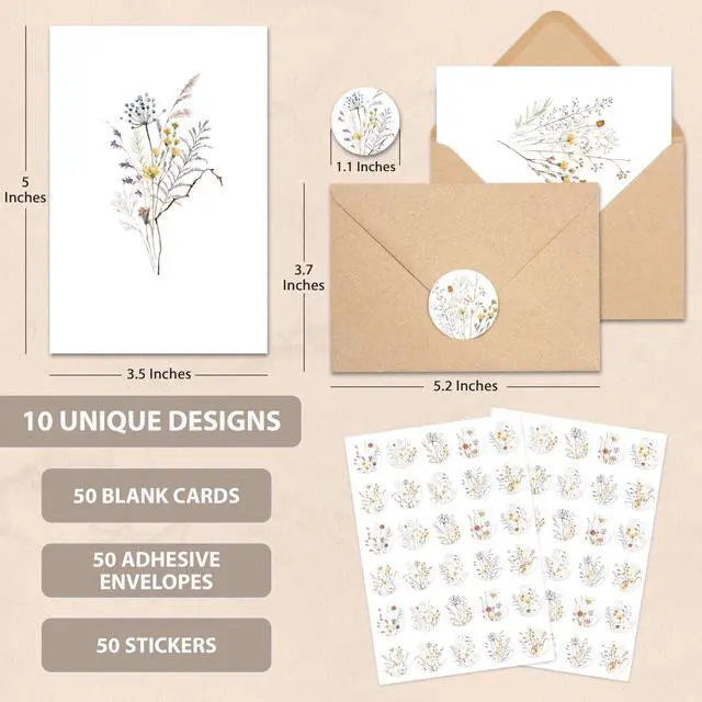 Alt view image 2 of 6 - 50 Set Blank Cards and Envelopes 3.5x5 - Watercolor Wildflowers Blank Greeting Cards with Adhesive Envelopes and Matching Sticker - Blank Note Cards for All Occasions