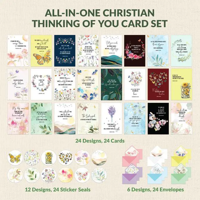 Alt view image 3 of 7 - 24 Pack Gold Foil 4x6in Assorted Christian Thinking of You Cards Religious with Envelopes & Stickers, 24 Floral Designs for Friends, Family & Loved Ones, Printed Message - Gifting, Mailing