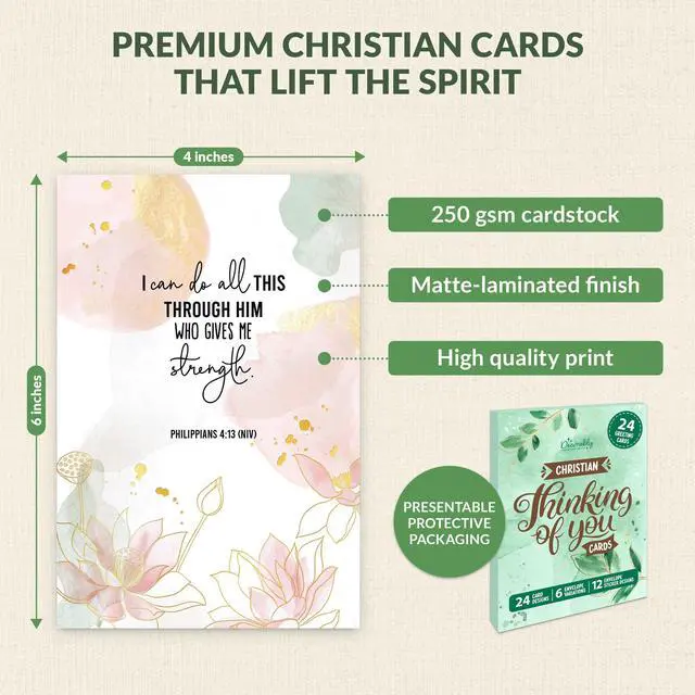 Alt view image 7 of 7 - 24 Pack Gold Foil 4x6in Assorted Christian Thinking of You Cards Religious with Envelopes & Stickers, 24 Floral Designs for Friends, Family & Loved Ones, Printed Message - Gifting, Mailing