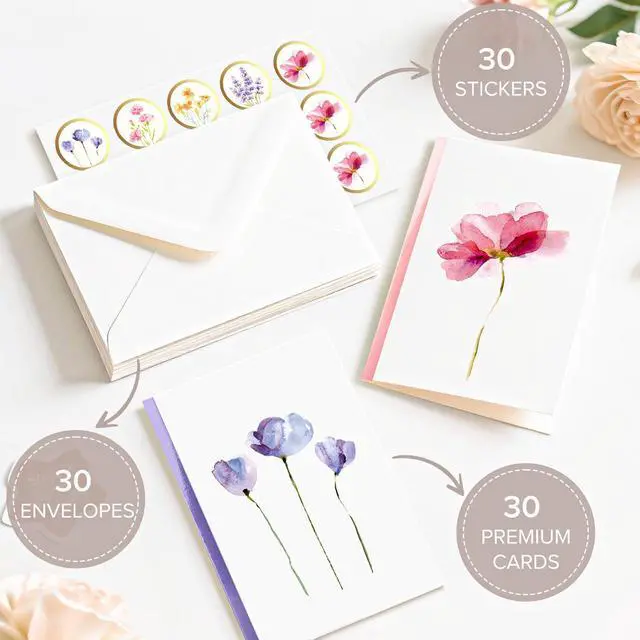 Alt view image 3 of 7 - Blank Cards and Envelopes, 30 Pack Blank Greeting Cards, Elegant Blank Note, Perfect Bulk Stationary Set For All Occasions, 5 Assorted Floral Designs, 4" x 6"