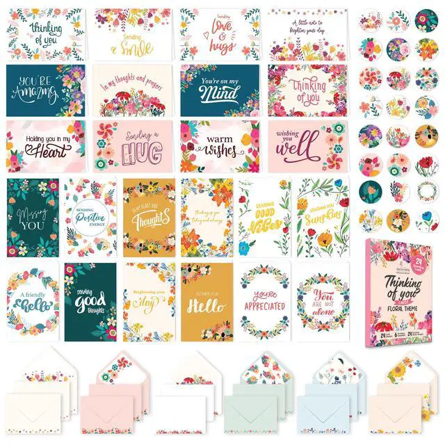 Main image of 24 Pack 6x4in Floral Assorted Thinking of You Cards with Envelopes and Stickers, 24 Unique Designs for Friends, Family and Loved Ones with Printed Message, Thoughtful Gifting, Mailing