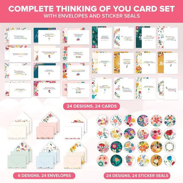 Alt view image 2 of 6 - 24 Pack 6x4in Floral Assorted Thinking of You Cards with Envelopes and Stickers, 24 Unique Designs for Friends, Family and Loved Ones with Printed Message, Thoughtful Gifting, Mailing