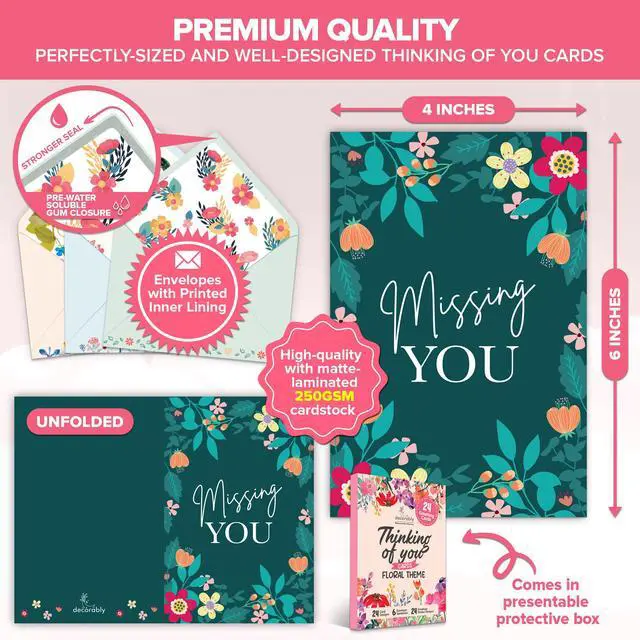 Alt view image 3 of 6 - 24 Pack 6x4in Floral Assorted Thinking of You Cards with Envelopes and Stickers, 24 Unique Designs for Friends, Family and Loved Ones with Printed Message, Thoughtful Gifting, Mailing
