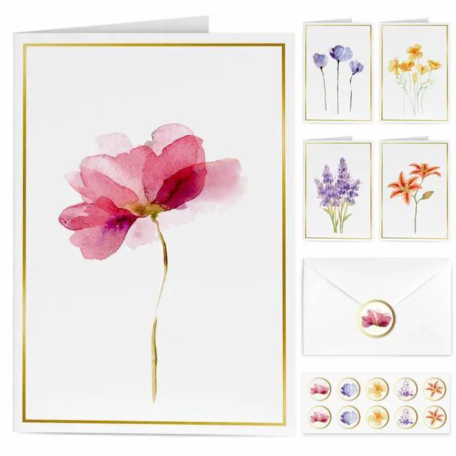 Main image of Blank Cards, 30 Pack Blank Greet Cards, Elegant Gold Foil Blank Note with Envelopes, Perfect Stationary Set For All Occasions, 5 Assorted Floral Designs