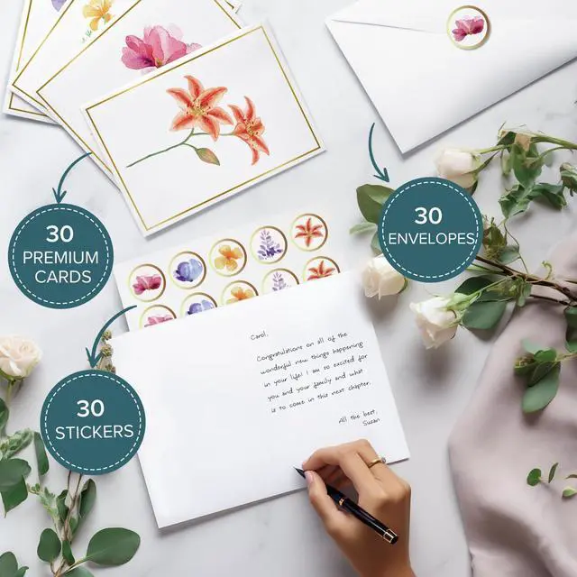 Alt view image 5 of 7 - Blank Cards, 30 Pack Blank Greet Cards, Elegant Gold Foil Blank Note with Envelopes, Perfect Stationary Set For All Occasions, 5 Assorted Floral Designs