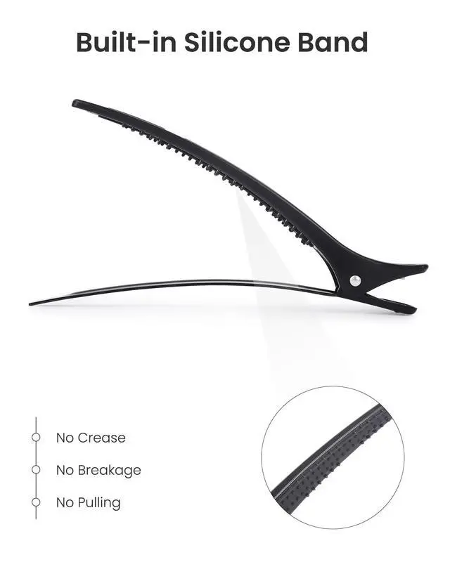 Alt view image 5 of 7 - Extended Sectioning Hair Clips w/Built-in Silicone Band, 4.8" No-Crease Non-Slip Hair Styling Clips for Thick, Long Hair Blow Drying,Hair Rollers, Rust-Free 6 Pack, Black Duckbill Clips