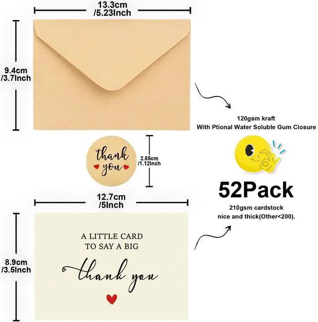 Alt view image 3 of 5 - 52 Pack 210GSM | Thank You Cards | Thank You Cards & Notes with Envelopes | Pefect for Baby Shower, Wedding, Teacher, Graduation, Business, Holiday, and Christmas | Teacher Appreciation Gifts