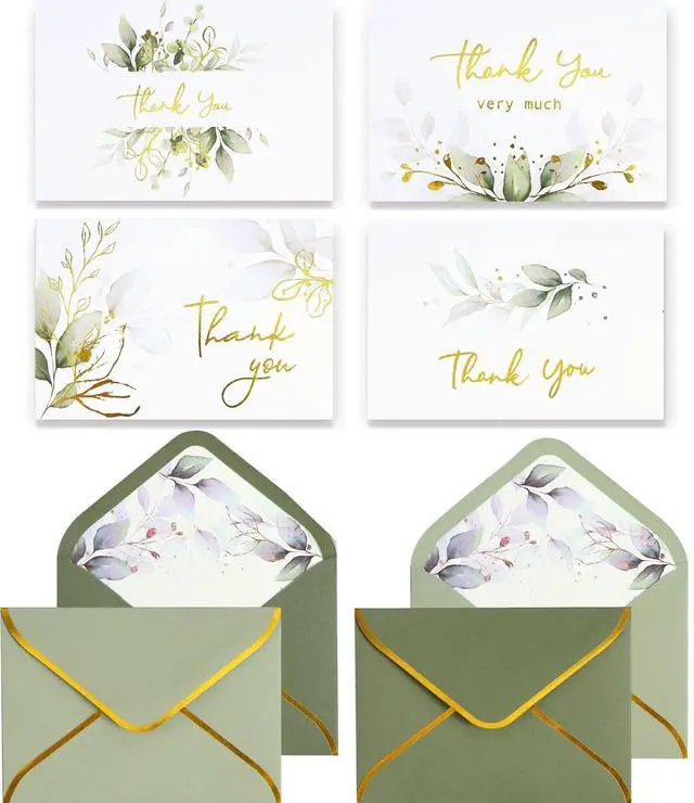 Main image of 100 PK Luxurious Gold Thank You Cards with Envelopes Bulk Sage Green - 5x3.5 Inches Wedding Thank You Notes Baby Shower Greenery Bridal Shower Small Business