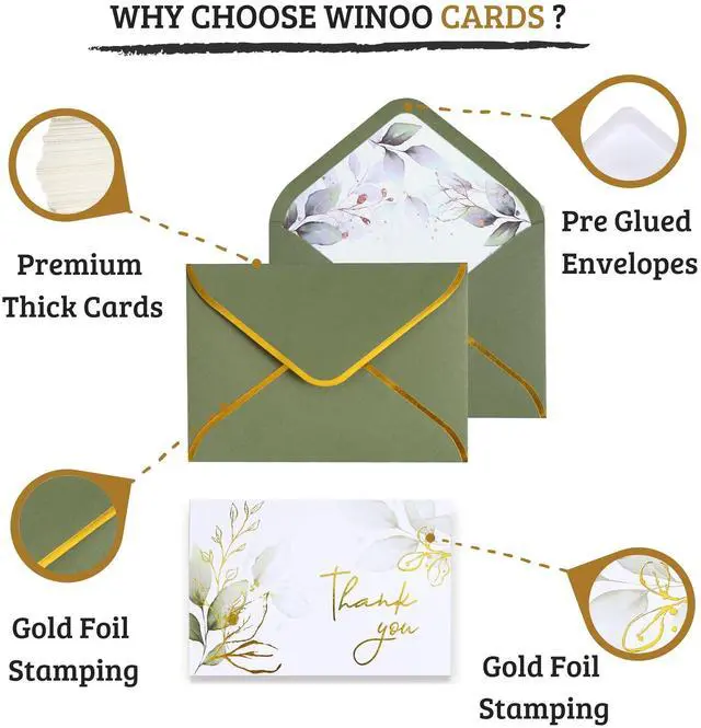Alt view image 2 of 7 - 100 PK Luxurious Gold Thank You Cards with Envelopes Bulk Sage Green - 5x3.5 Inches Wedding Thank You Notes Baby Shower Greenery Bridal Shower Small Business