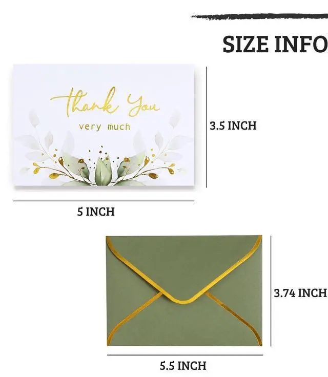 Alt view image 3 of 7 - 100 PK Luxurious Gold Thank You Cards with Envelopes Bulk Sage Green - 5x3.5 Inches Wedding Thank You Notes Baby Shower Greenery Bridal Shower Small Business