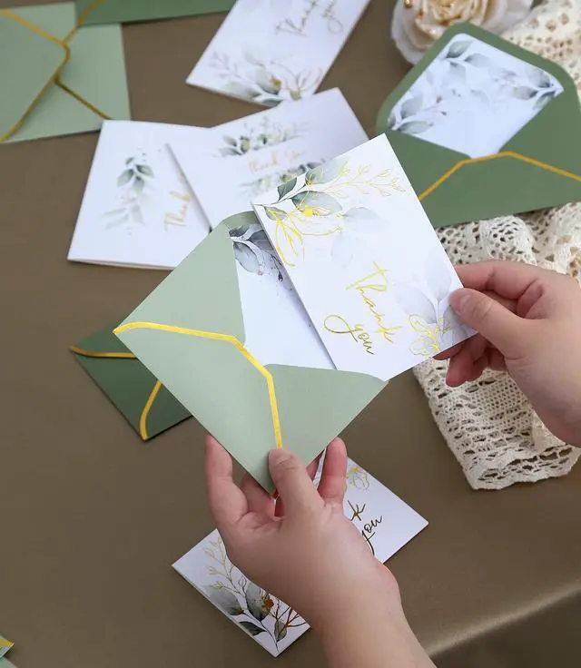 Alt view image 6 of 7 - 100 PK Luxurious Gold Thank You Cards with Envelopes Bulk Sage Green - 5x3.5 Inches Wedding Thank You Notes Baby Shower Greenery Bridal Shower Small Business