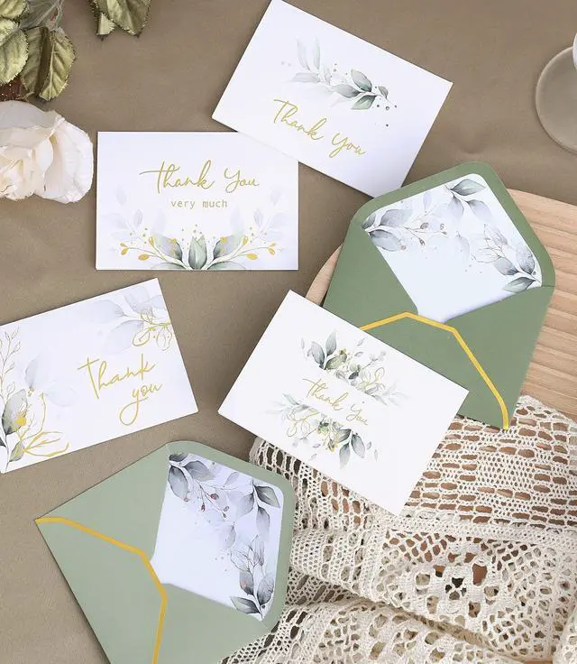 Alt view image 4 of 7 - 100 PK Luxurious Gold Thank You Cards with Envelopes Bulk Sage Green - 5x3.5 Inches Wedding Thank You Notes Baby Shower Greenery Bridal Shower Small Business