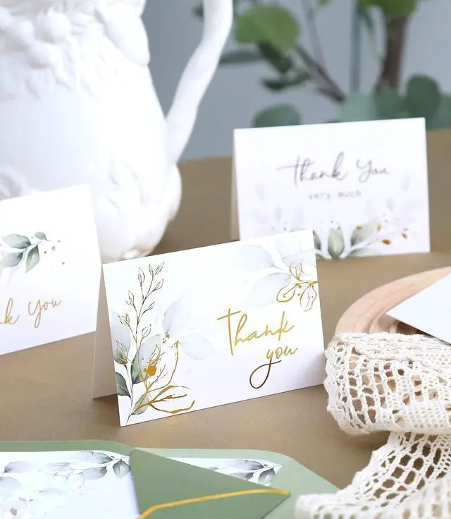 Alt view image 5 of 7 - 100 PK Luxurious Gold Thank You Cards with Envelopes Bulk Sage Green - 5x3.5 Inches Wedding Thank You Notes Baby Shower Greenery Bridal Shower Small Business