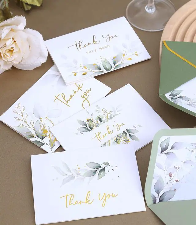 Alt view image 7 of 7 - 100 PK Luxurious Gold Thank You Cards with Envelopes Bulk Sage Green - 5x3.5 Inches Wedding Thank You Notes Baby Shower Greenery Bridal Shower Small Business