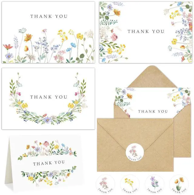 Main image of 48 Pack Floral Thank You Cards with Envelopes, Watercolor Wildflower Thank You Notes with Kraft Envelopes Sticker for Birthday Wedding Baby Shower Bridal Shower Teachers Graduation, 4 x 6 Inch