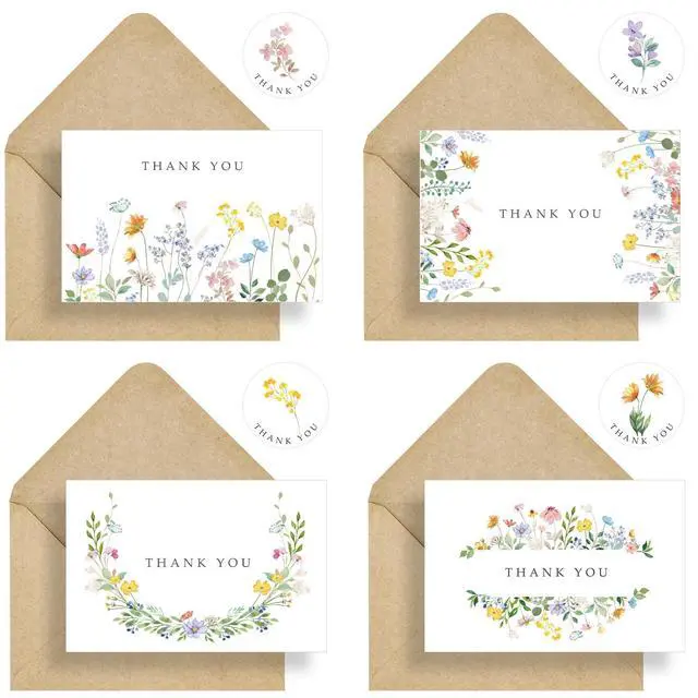 Alt view image 2 of 7 - 48 Pack Floral Thank You Cards with Envelopes, Watercolor Wildflower Thank You Notes with Kraft Envelopes Sticker for Birthday Wedding Baby Shower Bridal Shower Teachers Graduation, 4 x 6 Inch