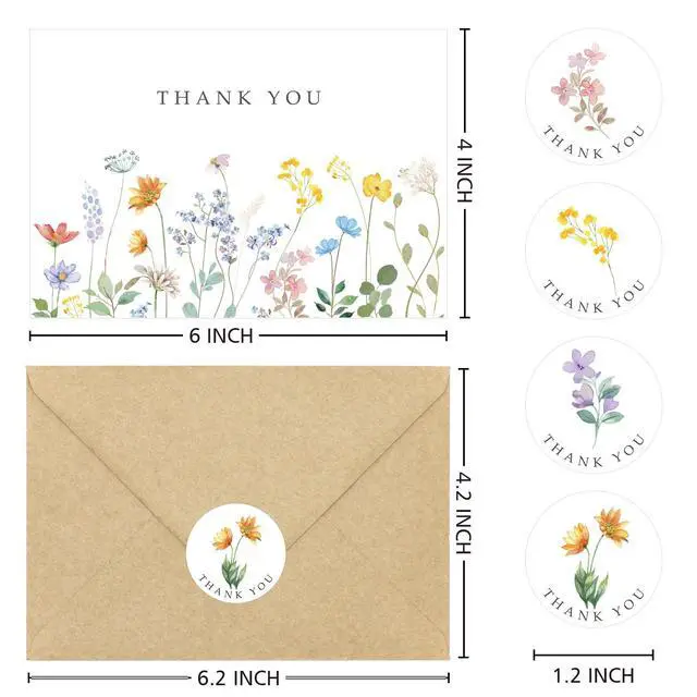 Alt view image 3 of 7 - 48 Pack Floral Thank You Cards with Envelopes, Watercolor Wildflower Thank You Notes with Kraft Envelopes Sticker for Birthday Wedding Baby Shower Bridal Shower Teachers Graduation, 4 x 6 Inch