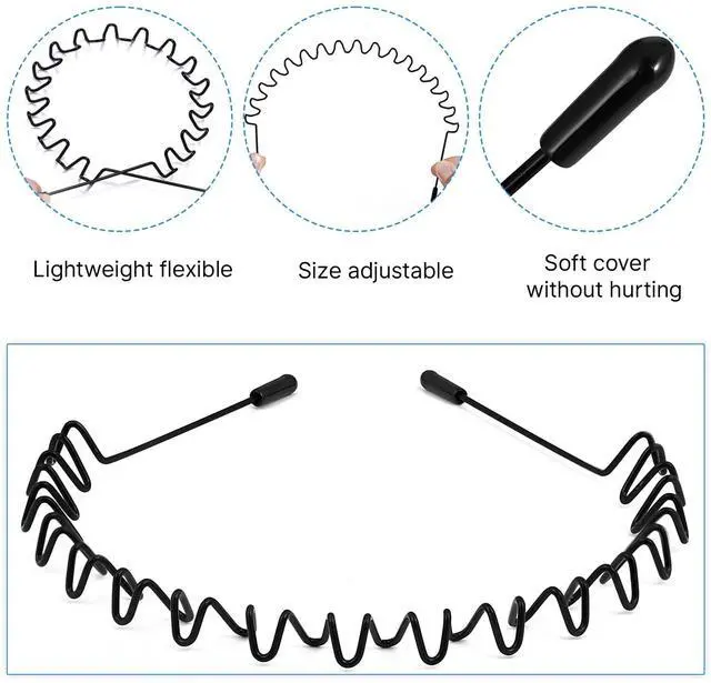 Alt view image 2 of 6 - 2 Pack Metal Hair Band for Men,Non Slip,Spring Wave Head Bands for Sports Washing Face Unisex(Black)