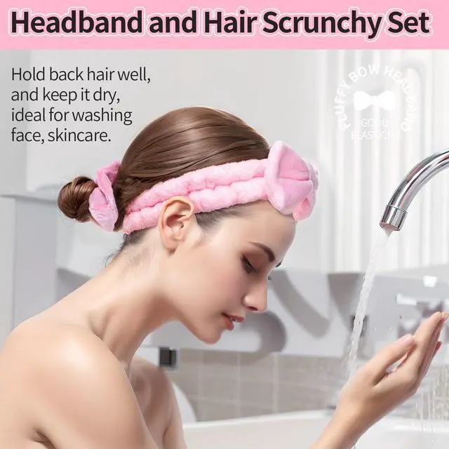 Alt view image 2 of 7 - Spa Headband for Skin Care and Makeup, Headbands for Washing Face for Teen Girls Women, with Hair Scrunchies, Basket Valentines Gifts for Girls Women (Pink & Creamy White & Black)