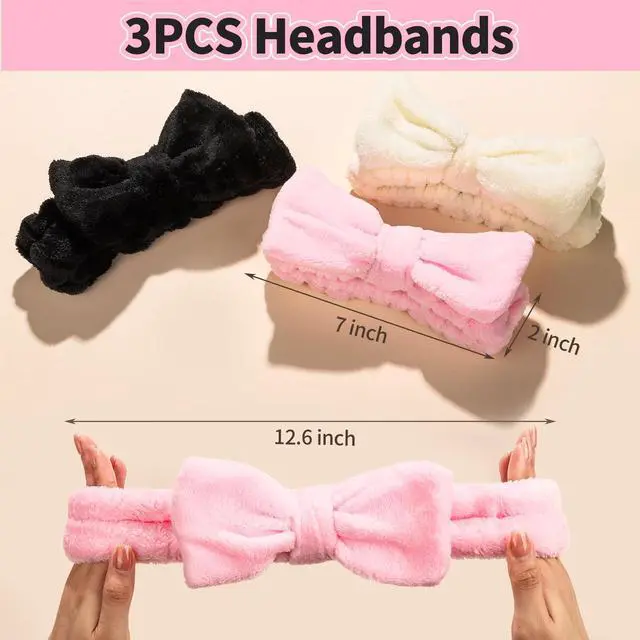 Alt view image 3 of 7 - Spa Headband for Skin Care and Makeup, Headbands for Washing Face for Teen Girls Women, with Hair Scrunchies, Basket Valentines Gifts for Girls Women (Pink & Creamy White & Black)