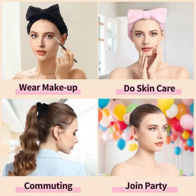 Alt view image 7 of 7 - Spa Headband for Skin Care and Makeup, Headbands for Washing Face for Teen Girls Women, with Hair Scrunchies, Basket Valentines Gifts for Girls Women (Pink & Creamy White & Black)