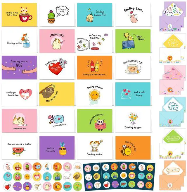 Main image of 24 Pack Assorted 6x4in Funny Thinking of You Cards with Envelopes and Stickers, 24 Unique Fun Designs for Friends, Family, and Loved Ones, with Printed Message Inside, Gifting, Mailing