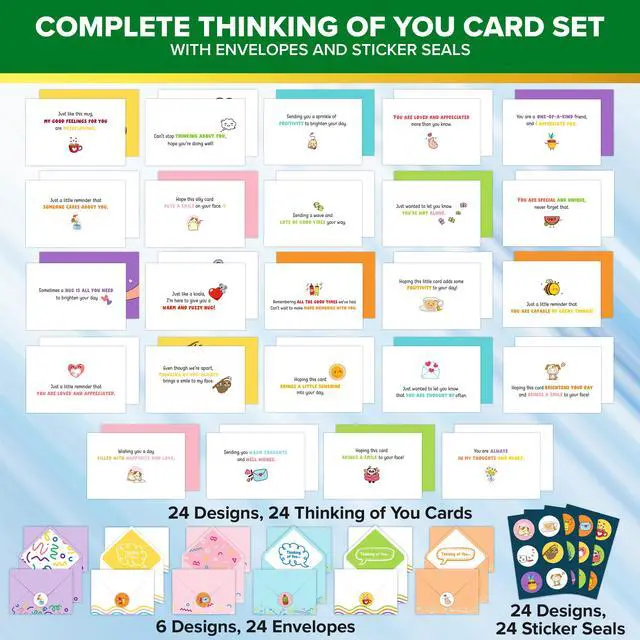 Alt view image 2 of 6 - 24 Pack Assorted 6x4in Funny Thinking of You Cards with Envelopes and Stickers, 24 Unique Fun Designs for Friends, Family, and Loved Ones, with Printed Message Inside, Gifting, Mailing