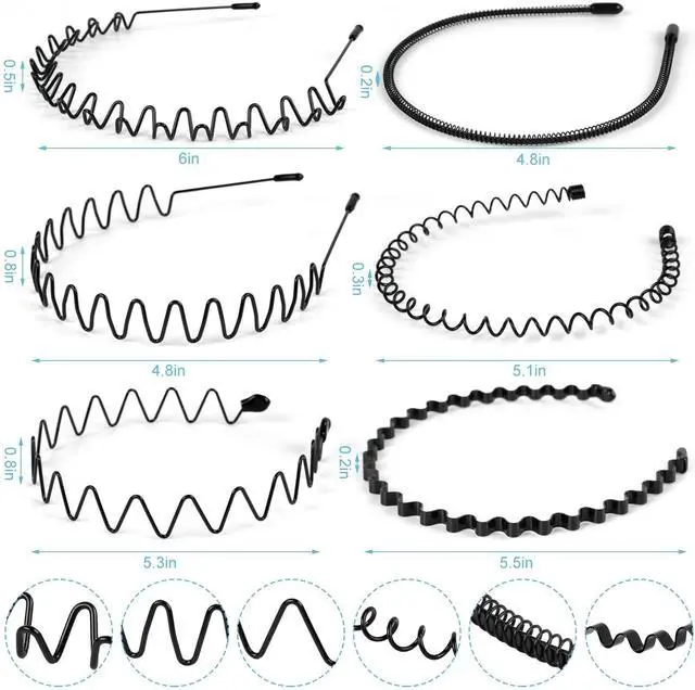 Alt view image 2 of 7 - 6PCS Metal Hair Bands, Spring Wavy Hoop Unisex Black Headband Slicked Back Non Slip Sports Hairband for Women Men