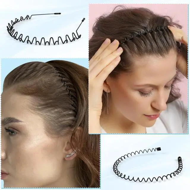 Alt view image 4 of 7 - 6PCS Metal Hair Bands, Spring Wavy Hoop Unisex Black Headband Slicked Back Non Slip Sports Hairband for Women Men