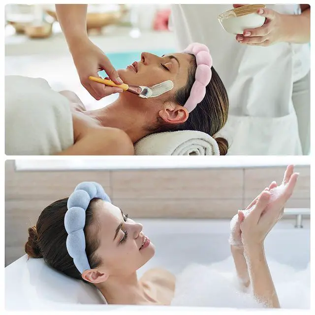 Alt view image 2 of 7 - Spa Headbands for Face Washing, Facials, Masks & Skin Treatments, Set of 2, 100% Cotton Terry Cloth, Plush Soft Absorbent Headband, Pink & Blue