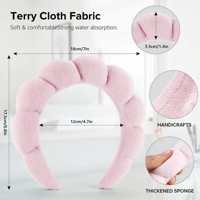Alt view image 5 of 7 - Spa Headbands for Face Washing, Facials, Masks & Skin Treatments, Set of 2, 100% Cotton Terry Cloth, Plush Soft Absorbent Headband, Pink & Blue