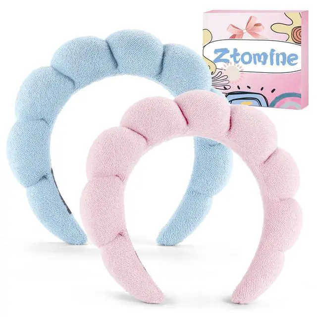 Alt view image 7 of 7 - Spa Headbands for Face Washing, Facials, Masks & Skin Treatments, Set of 2, 100% Cotton Terry Cloth, Plush Soft Absorbent Headband, Pink & Blue