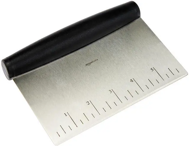 Main image of Multi-Purpose Bench Scraper, Stainless Steel Dough Cutter with Measurement Marks, Dishwasher Safe, Non-slip Contoured Grip, 6", Black, Silver