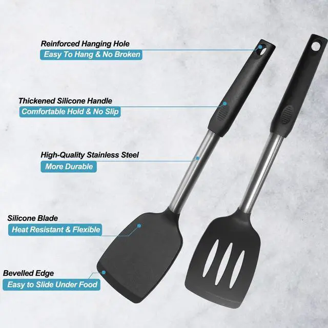 Alt view image 3 of 7 - 2 Pack Spatulas, Solid & Slotted Silicone Spatula Set, Stainless Steel Handle Coated with Silicone, Non Stick Turners, Heat Resistant Rubber Spatulas for Fish, Eggs, Pancakes, WOK, Black